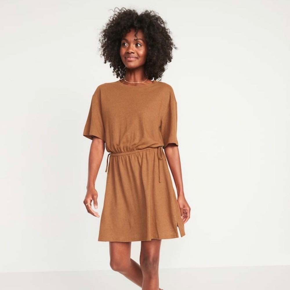 Old Navy NWT Carmel Brown Cinched Waist Linen Mini Dress Sz M